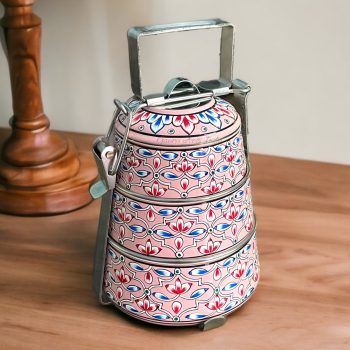hand-painted stainless steel tiffin carrier combines durability with artistic charm, making it a thoughtful gift for family or friends