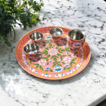Enhance your pooja rituals with this beautifully hand-painted Pooja Thali Set, featuring a traditional Kalash, a Deepak, and two small Katoris.