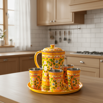 Hand Painted Stainless Steel Jug with 4 Tumblers and Tray Best Gift for your loved ones this hand-painted finish adds a touch of authentic craftsmanship.